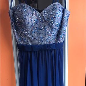 Long navy prom dress with rhinestone bodice
